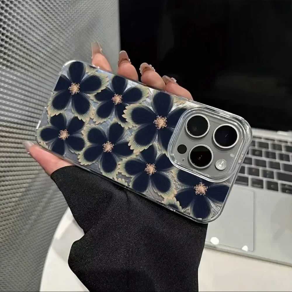 Clear Floral Phone Case with Dark Blue Flower Design